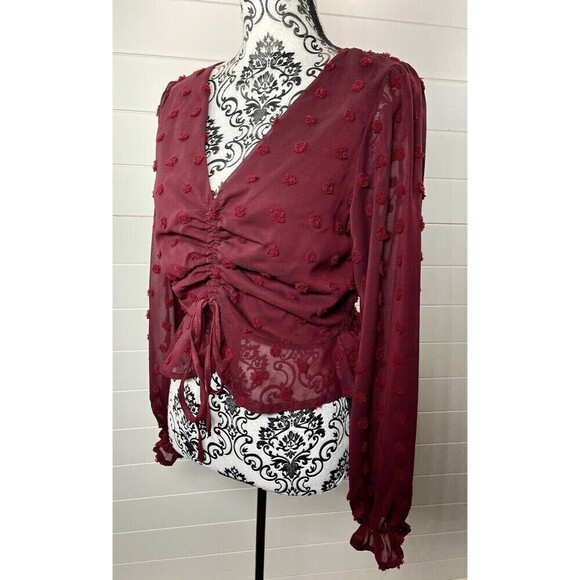 She + Sky Boho Blouse Womens Medium Burgundy Puff Sleeve Ruched Swiss Dot* Flaw - Picture 6 of 14